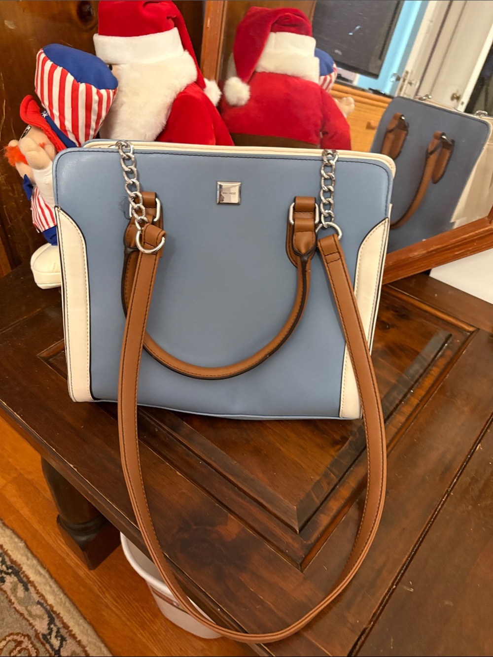 Nine West Light Blue, White & Brown Structured Shoulder Bag